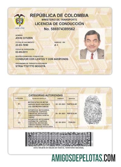 Carta de condução da Colômbia versão 2 exemplo real